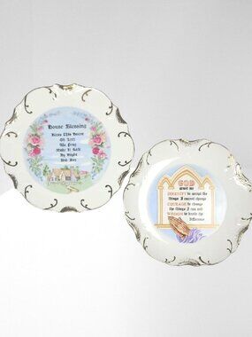 Vintage 1970s Japan Prayer Plates Set 18K Gold House Blessing Serenity T15